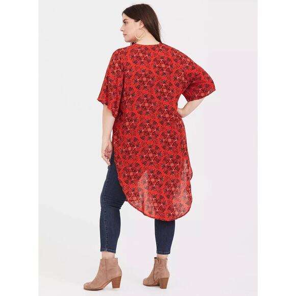 Torrid Red Medallion Crepe Open Front Kimono Sz 1/2 Rayon Floral Mandala Boho - Picture 2 of 7